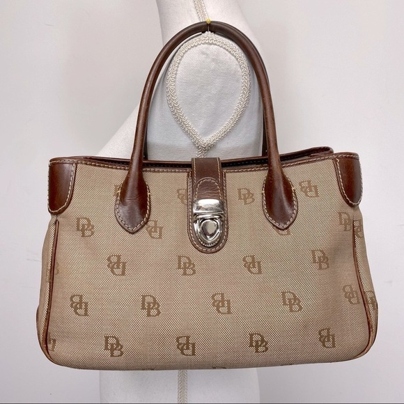 Dooney & Bourke Brown Monogram Leather and Canvas Shoulder Bag Tote Purse - Picture 2 of 16